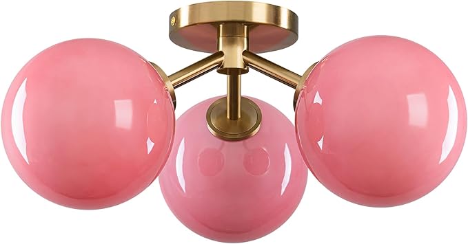 Pink Semi Flush Mount Ceiling Light Fixture, 3 Light Opal Glass Globe Mid Century Modern Light Fixtures for Bedroom,Entryway,Hallway,Living Room,Kithcen,Dining Room