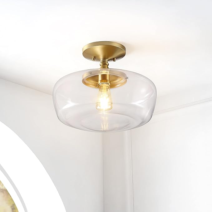 JONATHAN Y 14" Brass Gold Modern Farmhouse LED Flush Mount Light Fixture, Clear Glass Shade, Rustic Industrial Schoolhouse Lamp for Kitchen Hallway Bedroom (JYL7517B)