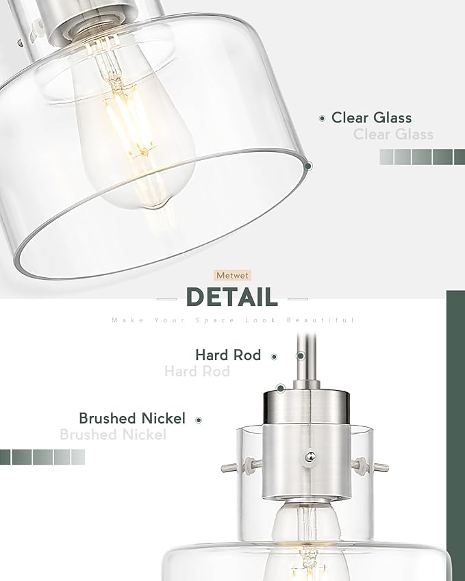 2 Pack Pendant Lights Kitchen Island, 6" Brushed Nickel Pendant Light Fixtures Over Island with Clear Glass Shade, Modern Kitchen Island Lighting for Dining Room Entryway, PL124-BN-G-2PK