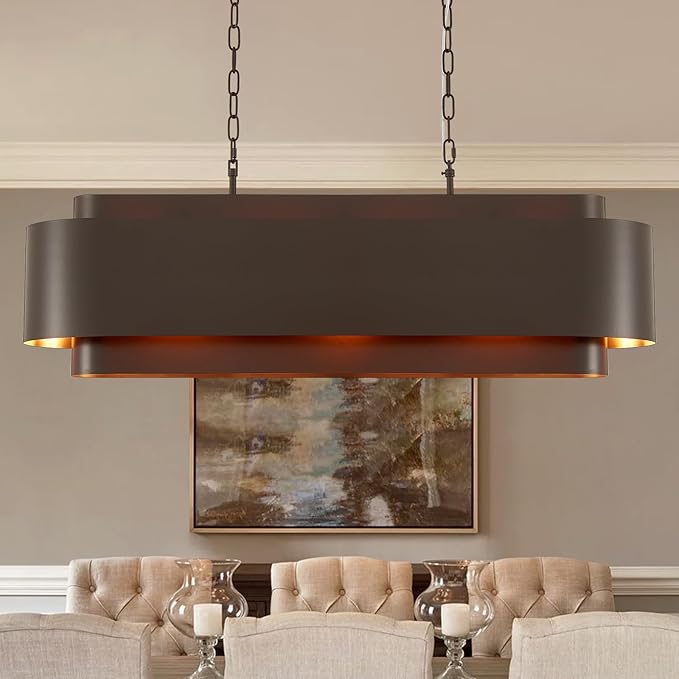 40" Modern Farmhouse Linear Chandelier, Dining Room Light Fixture Over Table Kitchen Island Lighting Metal Rustic Industrial Pendant Light Oil-Bronze