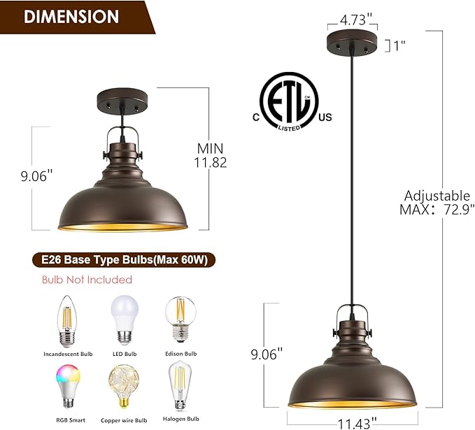 Refice 2 Packs Farmhouse Pendant Lights, Oil Rubbed Bronze Matte Pendant Lighting for Kitchen Island Industrial Adjustable Height Vintage Dome Hanging Light Fixtures for Barn, Dining Room