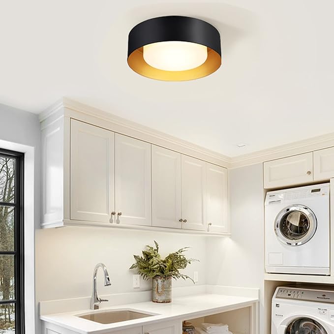 Modern Black and Gold Flush Mount Ceiling Lights, Glass Round Ceiling Lighting, Minimalist Drum Close to Ceiling Light Fixtures for Bedroom, Dining Room, Bathroom, Hallways, Living Room