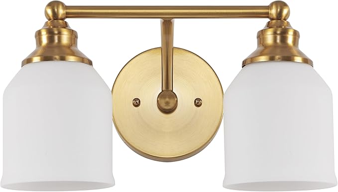 JONATHAN Y 14" Brass Gold/White Modern Farmhouse LED Vanity Light Wall Sconce Fixture, Frosted White Glass Shade, Dimmable Wall Lamp for Bathroom Mirror Kitchen Sink, UL Listed (JYL7550B)