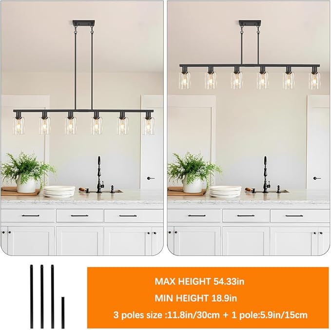 Dining Room Light Fixture Over Table, Black 6-Light Kitchen Island Lighting with Glass Shade & Adjustable Rods, Farmhouse Linear Chandelier Pendant Light for Kitchen Living Room Breakfast Corner