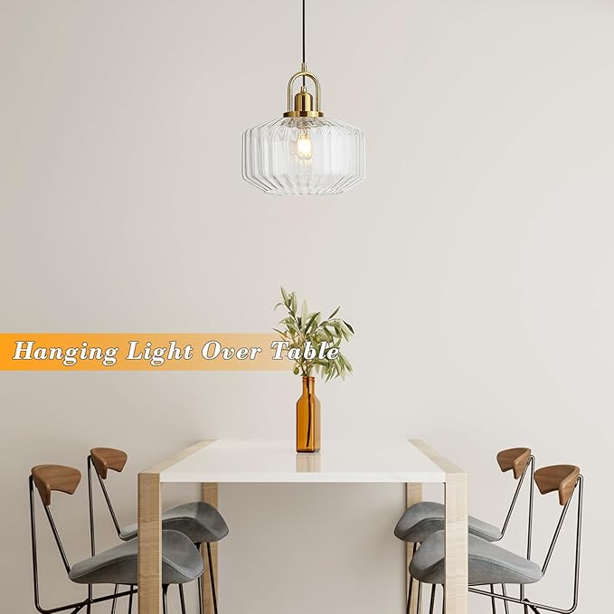 11.8in Mid Century Modern Clear Glass Pendant Light Fixture, Large Gold Kitchen Island Pendants Light Glass Ceiling Hanging Lamp for Foyer Dining Room Bedroom Entryway Hallway Over Sink