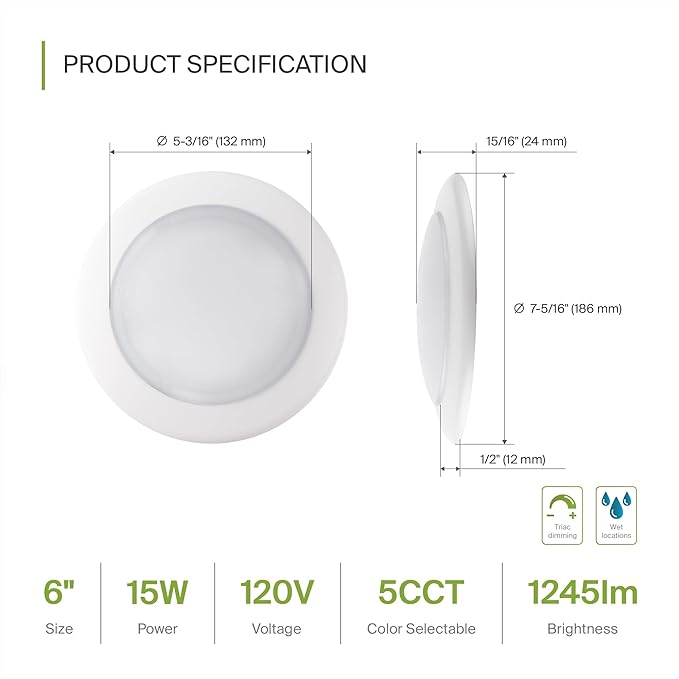 ASD 12 Pack LED Disk Lights 6 Inch, 15W 5CCT 2700K-5000K 1245LM CRI90+, Dimmable Flush Mount Ceiling Light Fixture, Low Profile Surface Mount Disc, Junction Box or Recessed Can Install, UL Energy Star