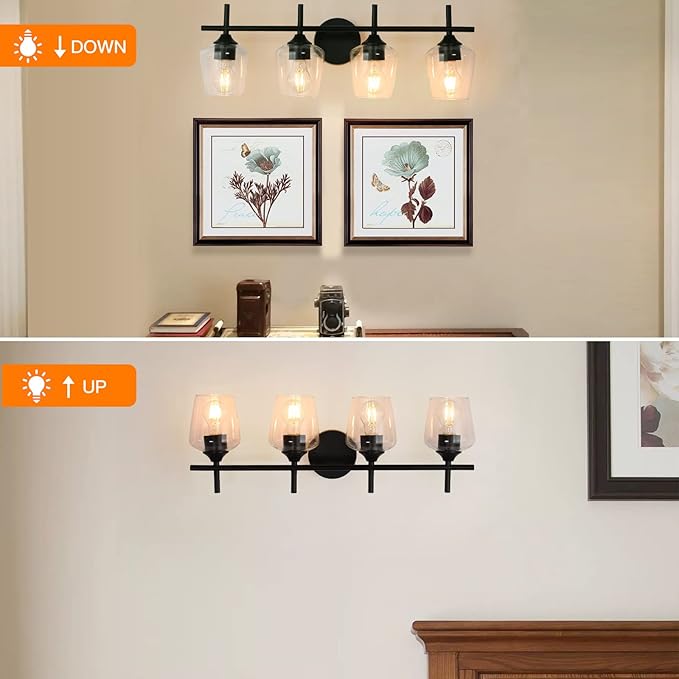 Bathroom Light Fixtures 4-Light Brushed Nickel Bathroom Vanity Light with Clear Glass Shade, Modern Wall Lights for Bedroom Hallway Living Room (Black, 4-Light)