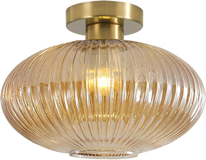 BOKT Brass Gold Semi Flush Mount Ceiling Lighting Amber Modern Schoolhouse Light Fixture Globe Glass Industrial Close to Ceiling Light with Glass Shade for Bathroom Entryway Farmhouse