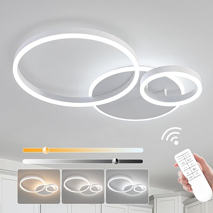 O'NEELDY Modern 3 Ring LED Chandelier Lamp Fixture White 25.59''Dimmable Acrylic Flush Mount Ceiling Lights with Remote Control Ideal for Small Room, Kitchen, Bedroom