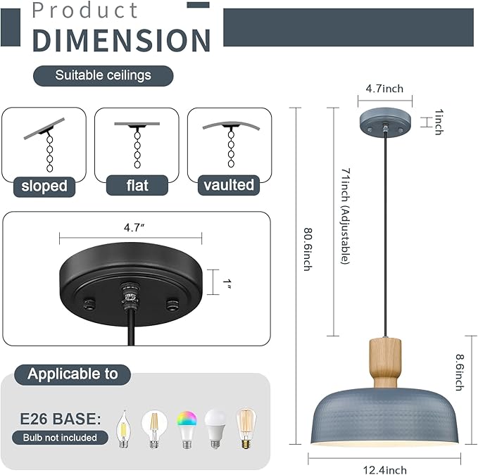 Industrial Pendant Lights 2 Pack Blue, 12.4 inch Farmhouse Pendant Light with Dusk to Dawn Sensor, Adjustable Hanging Light Fixtures with Hammered Metal Shade for Kitchen Island