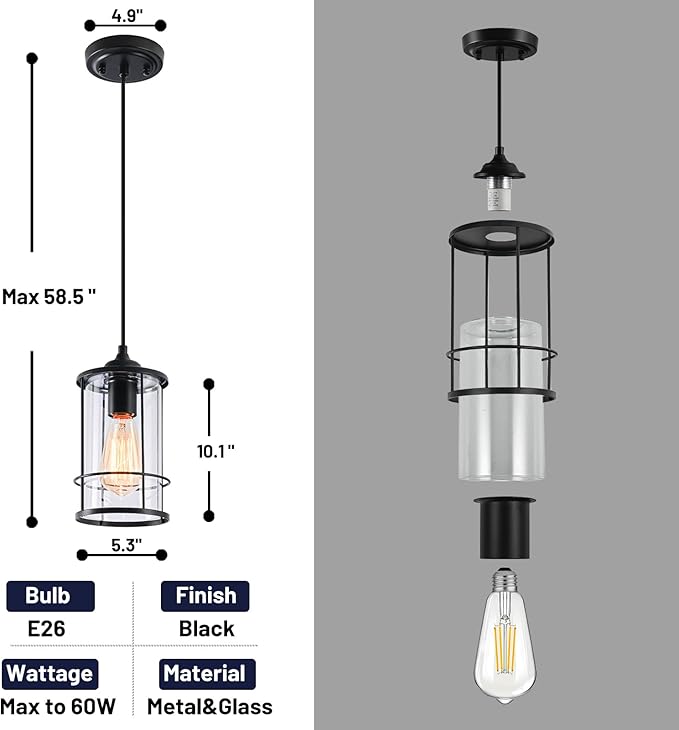 AKEZON Black Pendant Light Kitchen Island Glass Pendant Light Fixture, Kitchen Hanging Lights with Clear Glass, Modern Farmhouse Cage Pendant Lights for Dining Room Hallway Bathroom