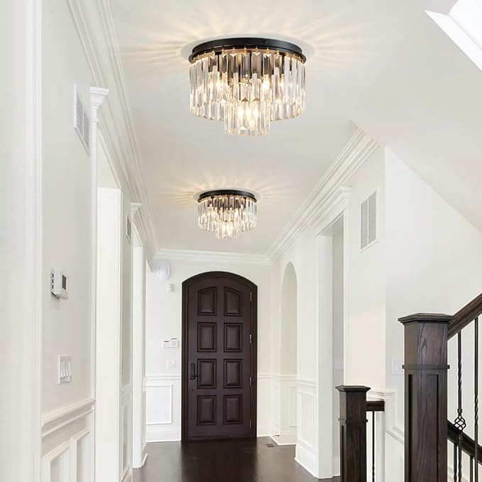AGV LIGHTING Crystal Ceiling Light Fixture, Modern Semi Flush Ceiling Light, D12 x H8, E12 Base 3-Lights, Black Finish
