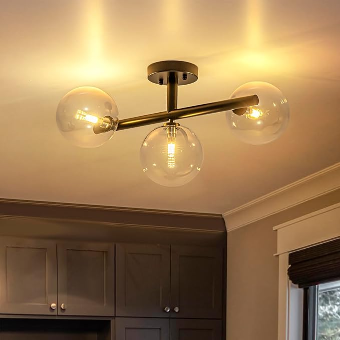 EDISLIVE 3-Light Semi Flush Mount Glass Ceiling Light Clear Globe, 19.7 in Mid Century Modern Sputnik Light Fixture with Clear Glass Shade Black Finished