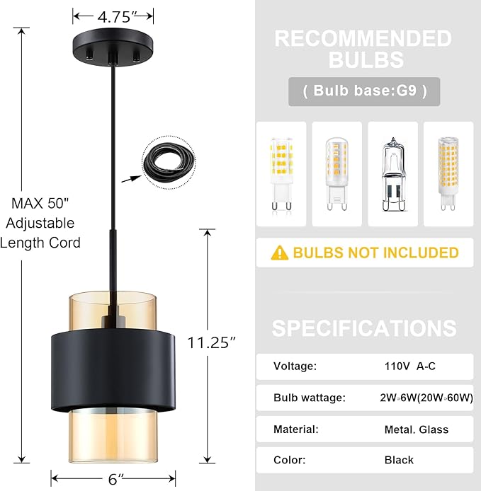 3 Pack 1 Light Hanging Indoor Kitchen Island 6" Drum Clear Amber Glass Shade Pendant Ceiling Light Fixtures,Black Finish Modern Farmhouse Dinning Over Sink
