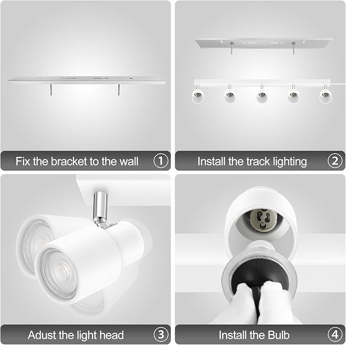 Track Lighting Plug in, 30" LED Track Light Fixtures Ceiling, White 5 Way Spotlight, Rotatable Head, Plug Wall Lights with 14.8FT Cord, Ceiling Lighting for Kitchen Hallway Bar(GU10, NO Bulb)