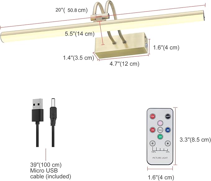 Picture Light, Cordless Picture Lights for Wall, 20inch Dimmable Picture Lights with Timer, 5000mAh Battery Operated Wall Lights for Display Gallery Painting Art Frame Portrait, Metal, Antique Brass