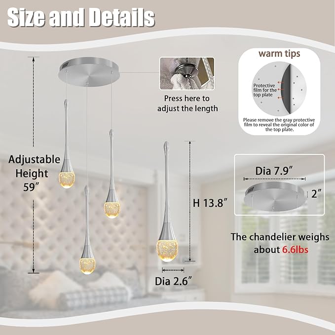 ykolupty Pendant Lights Kitchen Island 3-Lights Silver Crystal Chandelier for Dining Room Hallway Stairwell,LED Dimmable 2700K-6000K
