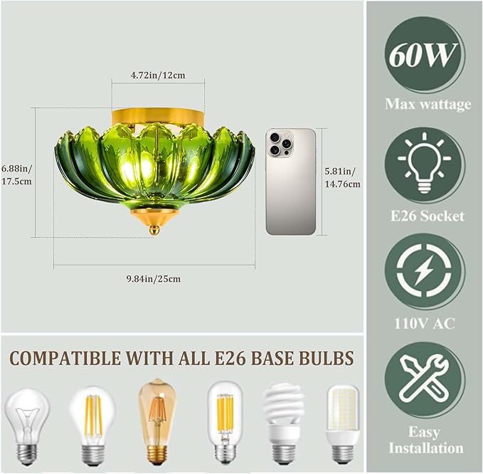Semi Flush Mount Ceiling Light,Vintage Ceiling Light 9.8 Inch Small Green Glass Ceiling Lighting E26 Hallway Vintage Lights Fixture Ceiling for Living Room, Bedroom, Dining Room