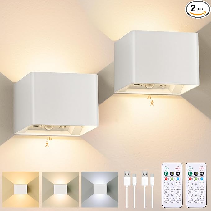 Yochoice Motion Sensor Wall Light Indoor Set of 2, 6000mAh Wireless Rechargeable Battery Operated LED Sconce Up Down with Touch Remote Control, Battery Powered Magnetic Wall Lamps with 3CCT, White