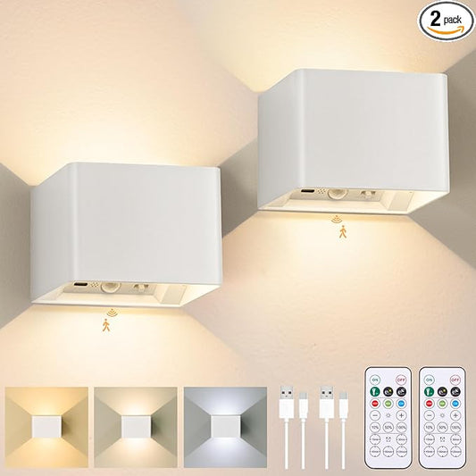 Yochoice Motion Sensor Wall Light Indoor Set of 2, 6000mAh Wireless Rechargeable Battery Operated LED Sconce Up Down with Touch Remote Control, Battery Powered Magnetic Wall Lamps with 3CCT, White