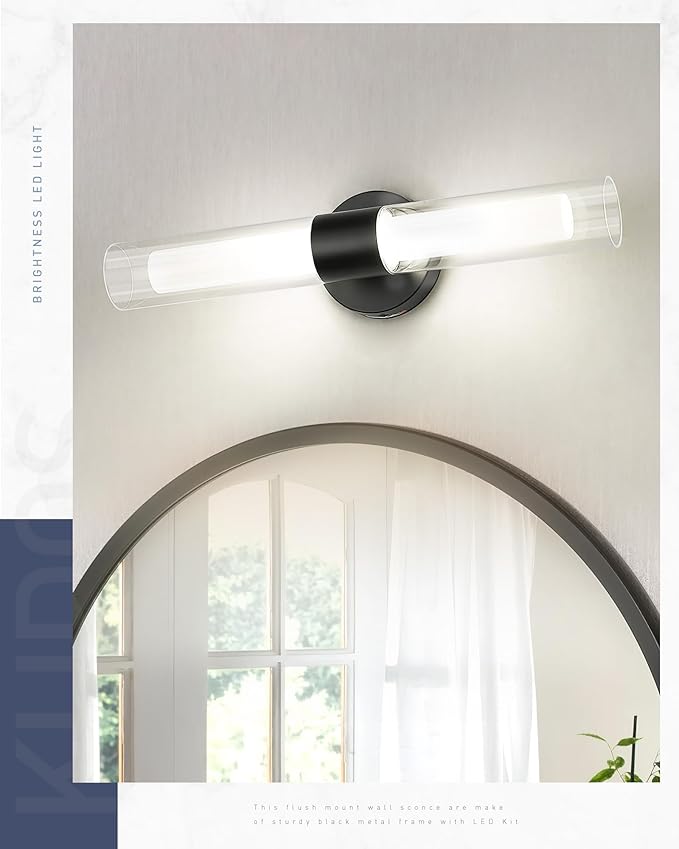 kudos Black Modern Sconces Wall Lighting, Wall Sconces with Clear Glass and Frosted Glass, Modern LED Vanity Light for Bathroom, 3000K/4500K/6000K Adjustable,KDVL06-BK-2