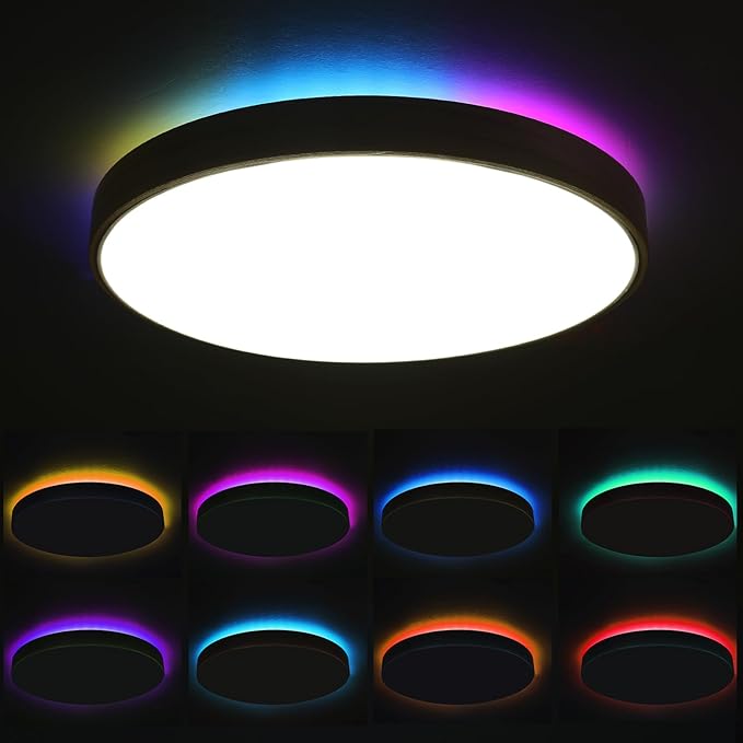 HOREVO Smart WiFi LED Ceiling Light with Remote - Alexa/Google Home, Dimmable RGB Color Changing Ceiling Light Fixture(2700K-6500K), 12" Modern Wood Flush Mount for Bedroom/Living Room/Kids Room