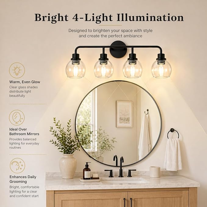 DORESshop Built to Last 20 Years Bathroom Light Fixtures, 4-Light Vanity Lights Over Mirror, Black Wall Lamp with Clear Glass for Living Room Decor Bedroom Porch Cabinet