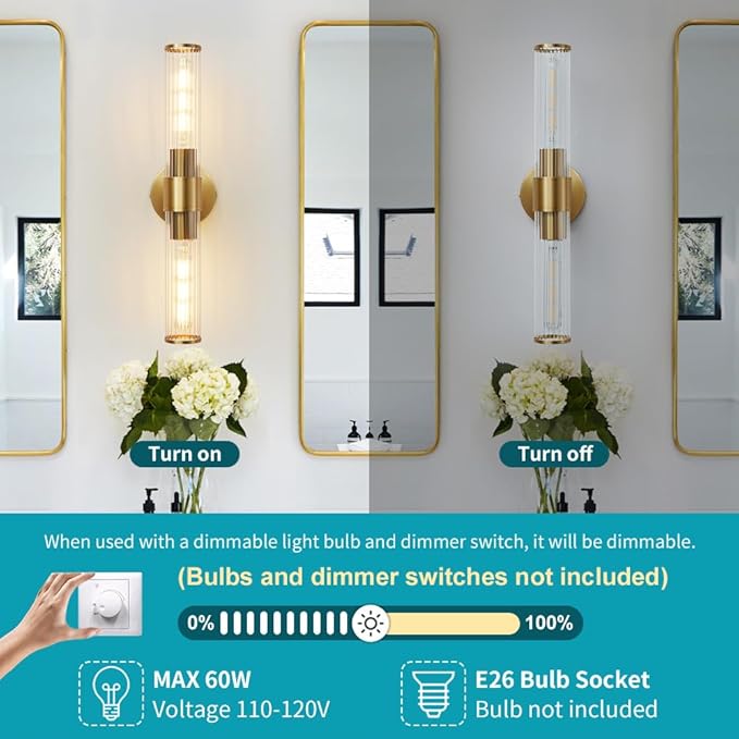 Bathroom Light Fixtures, Gold Wall Sconce in Threaded Glass Indoor Wall Sconces, Modern Bathroom Vanity Light Up and Down Sconces Wall Lighting for Living Room, Hallway - Bulb Not Included
