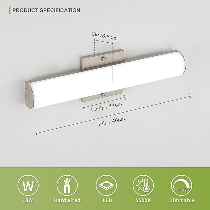 15.74" Modern Brushed Nickel Vanity Light Bar - 18W Dimmable LED Bathroom Lighting Fixtures Over Mirror, Wall Mount Bath Lights