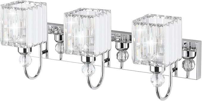 Ralbay Chrome Crystal Bathroom Vanity Light - 3-Lights, 24" Modern Wall Light Fixtures