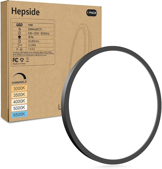 hepside 1Pack LED Flush Mount Ceiling Light Fixture, 9Inch 18W, Dimmable&3000K/3500K/4000K/5000K/6500K Adjustable Low Profile Ceiling Lights, Round Flat Ceiling Light for Closet,Kitchen,Hallway-Black