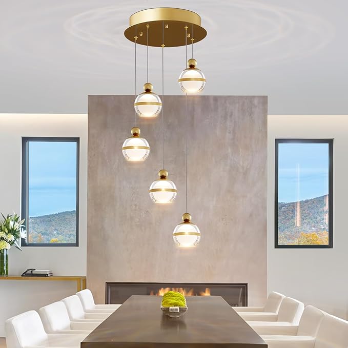 5-Light Gold Chandelier, 32W Modern LED Chandeliers, Adjustable Globe Hanging Ceiling Light Chandelier for Living Room Dining Room Foyer Staircase Entryway