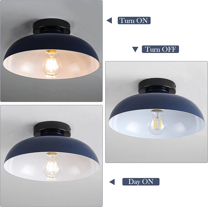2 Pack 12 Inch Metal Semi Flush Mount Ceiling Light Fixture Industrial Small Ceiling Lights Kitchen Lighting Fixtures Ceiling with Navy Blue Shade for Hallway Entryway Bedroom Foyer Bathroom Laundry