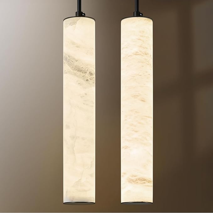 LMQNINE Natural Alabaster Pendant Lights for Kitchen Island White Marble Long Tube Chandelier 4000K Modern Black Ceiling Light Fixtures for Bedroom Dining Room Table Living Room Hallway(M-1Pack)