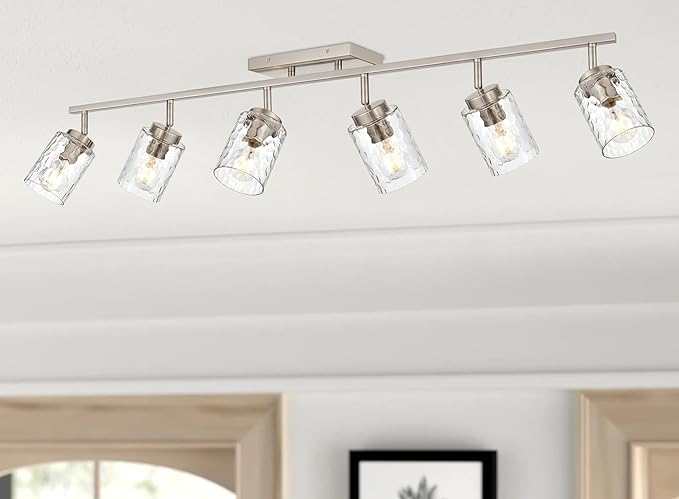 6 Light Track Lighting,Brushed Nickel Bathroom Vanity Light Modern Ceiling with Rotatable Track Head and E26 Base Vanity Lights Clear Hammered Shade Wall Mount Lighting Sconce
