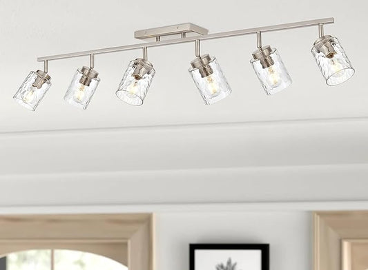 6 Light Track Lighting,Brushed Nickel Bathroom Vanity Light Modern Ceiling with Rotatable Track Head and E26 Base Vanity Lights Clear Hammered Shade Wall Mount Lighting Sconce