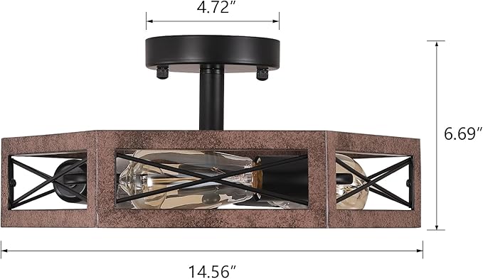 3-Light Rustic Farmhouse Metal Flush Mount Ceiling Light Fixture 14.5 inch Antique Oak Hexagon Cage Semi Flush Mount Ceiling Light for Hallway Hall Entry Bedroom Kitchen Farmhouse, Black