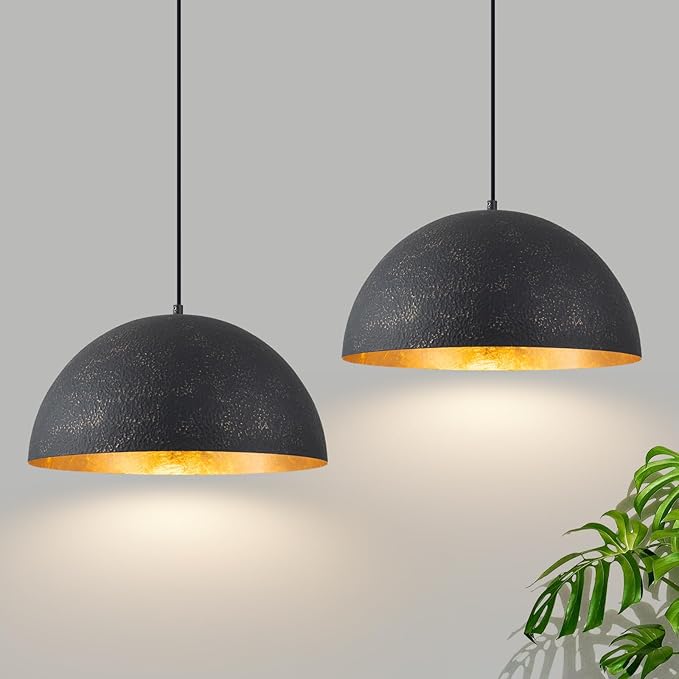 15.7" Farmhouse Pendant Light,Black with Gold Grain Industrial Large Dome Light Fixture,Adjustable Vintage Chandelier for Kitchen Island,Dining Room,and Bedroom