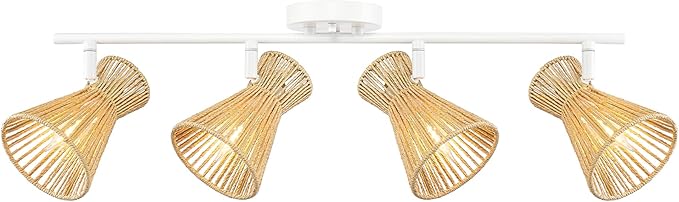Globe Electric 64000050 28" 4-Light Track Lighting, Matte White, Natural Twine Shades, Ceiling Light, Pivot Shade, Kitchen Lights, 4 Bulb Track-Light