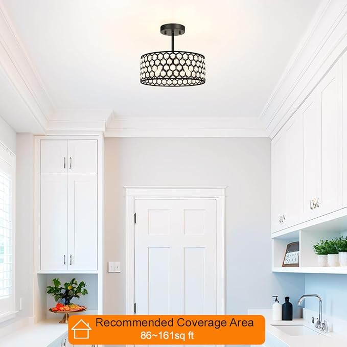 Black Crystal Ceiling Light Fixture - Modern Semi Flush Mount Ceiling Light for Hallway, Kitchen Lighting Fixtures Ceiling, Dazzling Prism Chandelier for Foyer Closet Bedroom, 3 Light, 12 in
