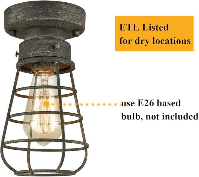 Farm Rustic Ceiling Light Fixture Small Metal Caged Ceiling Light Mini Close to Ceiling Lamp with Unique Rust Finish