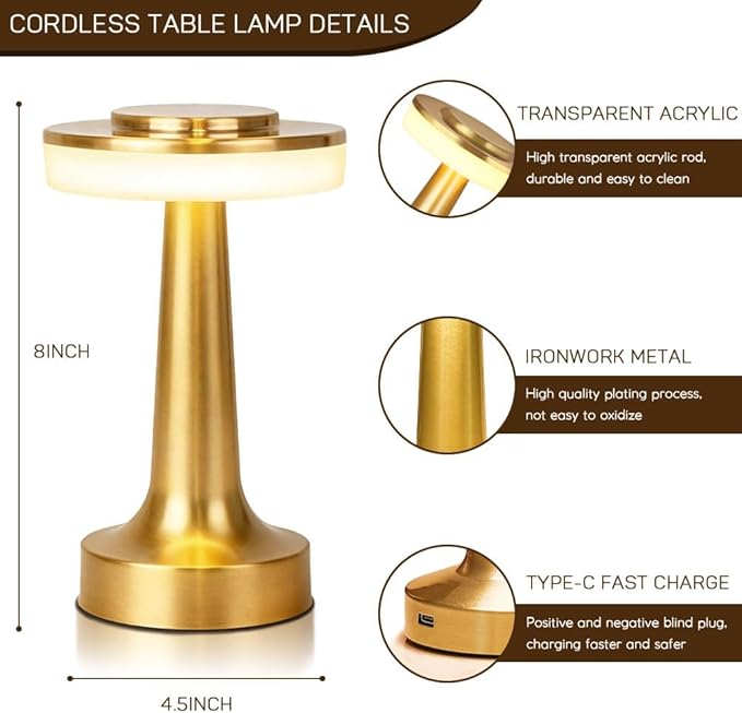 JHPGEOE Cordless Metal Desk Lamp, Touch Sensor Control LED Table Lamp, 3 Color Stepless Dimmable Battery Powered Lamp for Living Room, Dorm, Home Office (Gold)