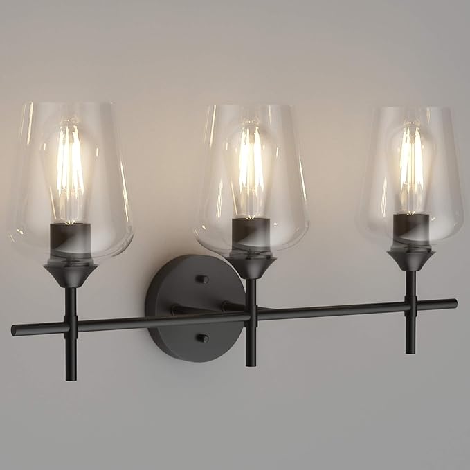 Ralbay Industrial Bathroom Vanity Light Fixtures 3-Lights Matte Black with Clear Glass Vintage Edison Wall Lamp Light Fixture for Bathroom