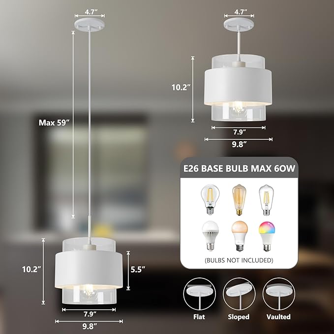 9.8" Pendant Lights Kitchen Island, Industrial Pendant Lighting with Durable Metal Shades, Adjustable Hanging Light Fixtures for Kitchen Island Living Room Hallway
