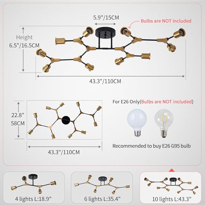 Mid Centur Modern 10 Light Semi Flush Mount Ceiling Lighting Fixture for Dining Room Living Room Bedroom Aisle Kitchen Restaurant,Metal Gold and Black Sputnik Chandelier