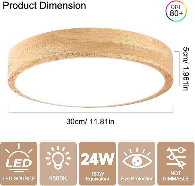 Led Ceiling Light Flush Mount: 12 Inch 24W Wood Bedroom Light Fixture with Round Modern Flat Overhead Minimalist Ceiling Lamps for Kitchen Hallway Laundry Natural White 4500K, Not Dimmable Set of 2