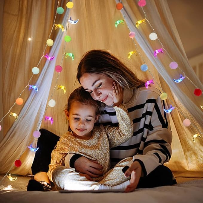 9.85FT String Lights Room Decor with 20 Cute PomPoms 20 Colorful LED Lights Battery Operated with Timer for Girls Bedroom Birthday Party Kids Playhouse Wedding Valentine's Day Christmas Decoration