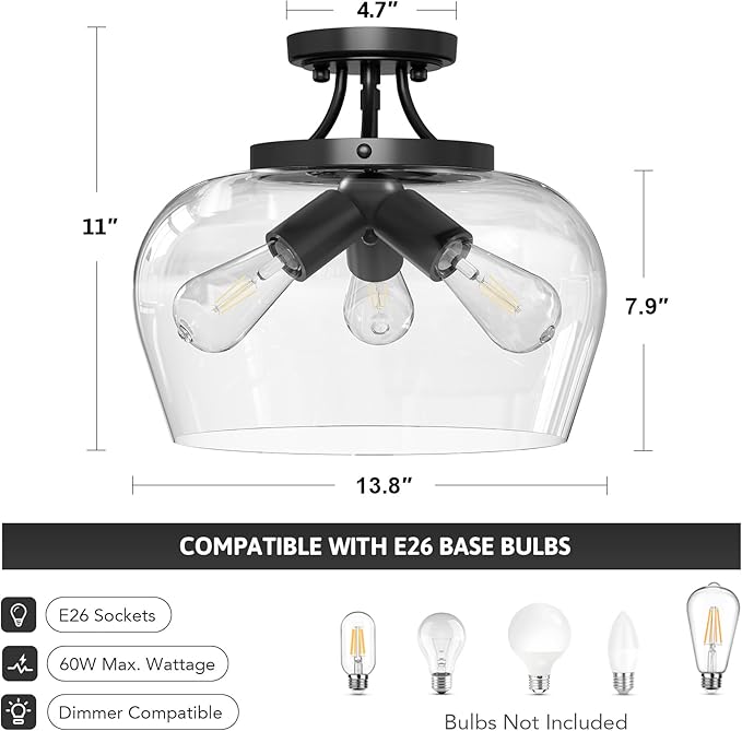 VONLUCE Semi Flush Mount Ceiling Light, 13.8" Ceiling Light Fixture with Clear Glass Shade, E26 Base, 3-Bulb Industrial Lighting Fixture for Hallway Entryway Bedroom, Matte Black, ETL Certificated