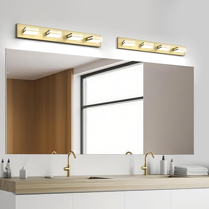 OKELI 4 Light Bathroom Vanity Light Gold Modern 32W LED Dimmable Vanity Light Over Mirror 350° Adjustable Lamp Head Cold White 6000K ETL Listed 30Inch