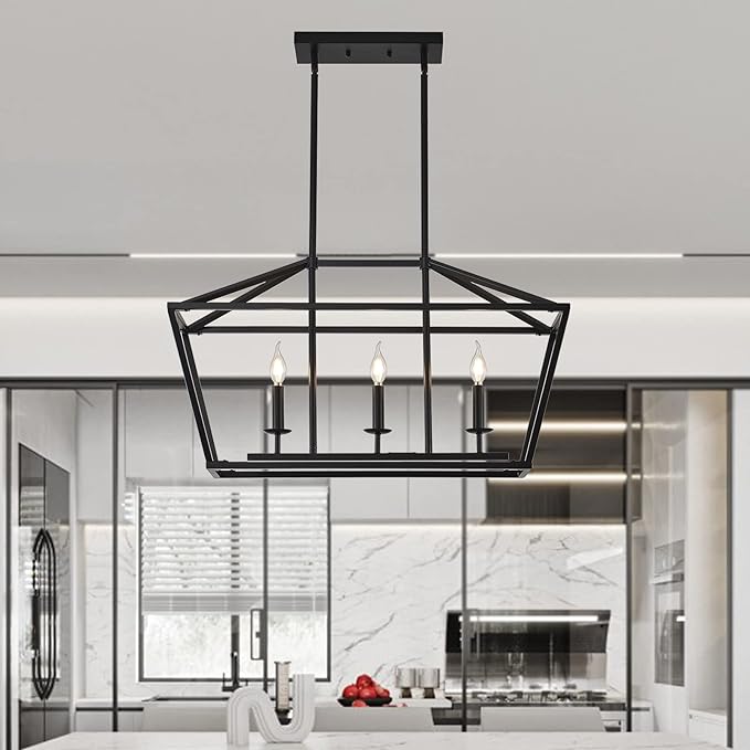 XILICON Dining Room Light Fixtures Over Table, 3-Light Black Farmhouse Chandelier Light Fixture Black Industrial Linear Pendant Lights Kitchen Island Candle Lantern Chandelier